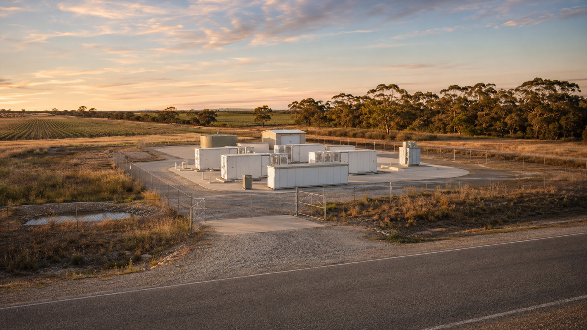 Community battery compound beside a country road in regional South Australia at dusk