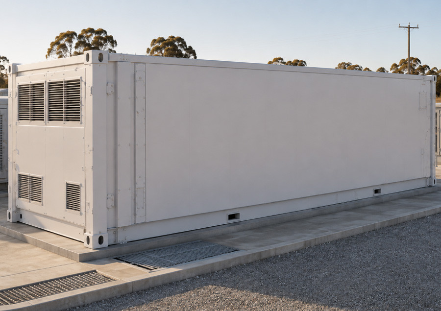 A single white container-style battery unit with cooling vents