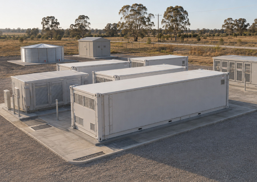Rows of white battery storage units on a gravel pad with gum trees behind