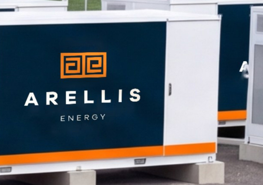 Close-up of an Arellis Energy battery unit showing the company logo
