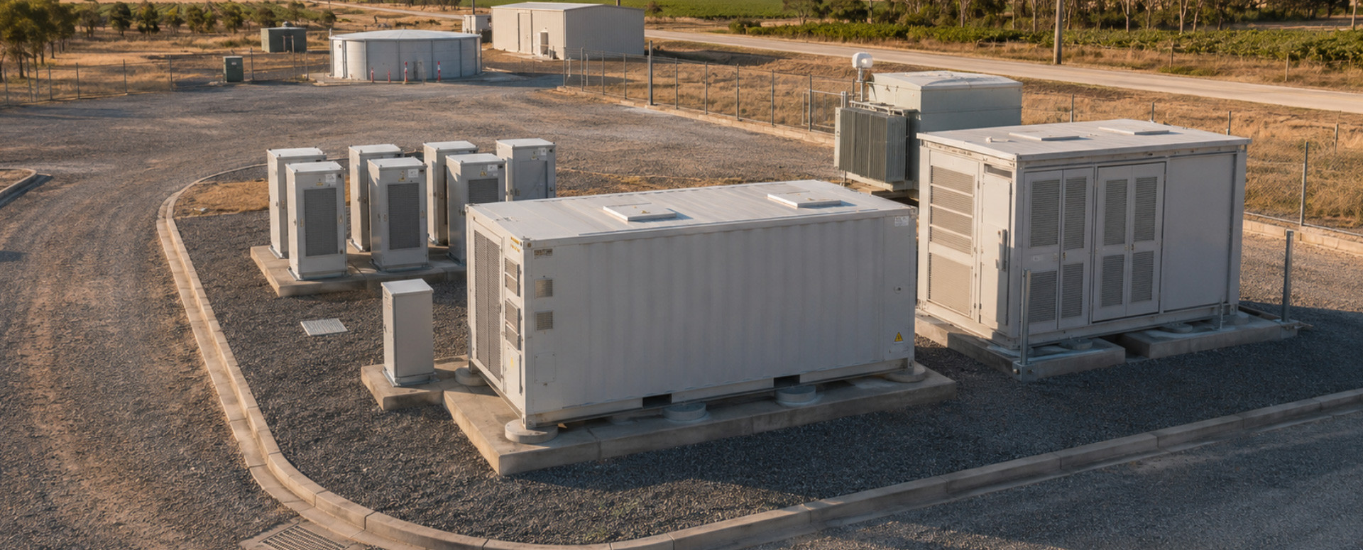 Battery and inverter units at a gravel-surfaced rural site in soft evening light